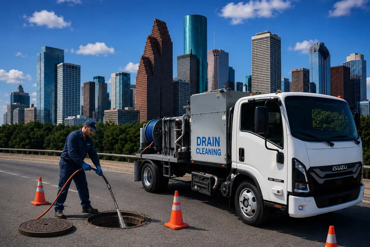 Hydro jetting truck cleaning a Houston drain line Hydro jetting truck cleaning a Houston drain line